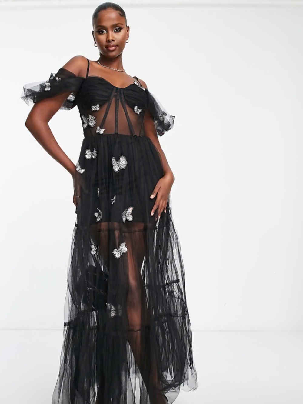 Lace & Beads Black Tulle 3D Butterfly Sheer Corset Maxi Dress Sz 10 Goth Hoco